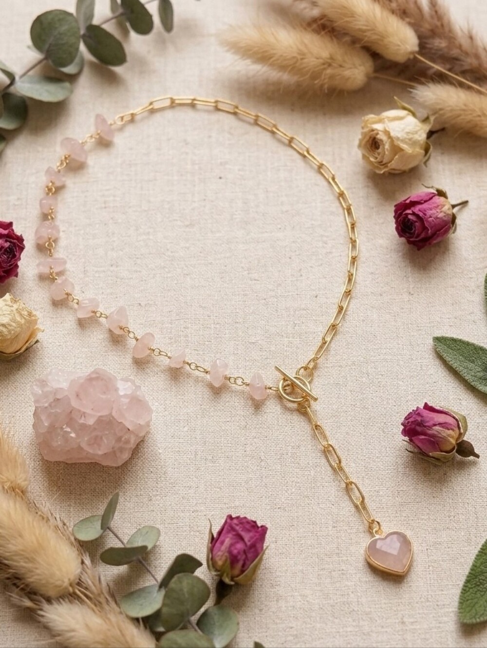 Gold Chain Necklace with Pink Heart Pendant, Genuine Rose Quartz with Toggle